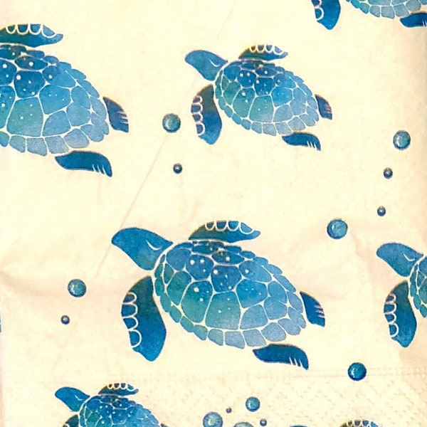 3 serviettes de table pour hôtesse, tortues de mer bleues 13 x 16 po. non pliées