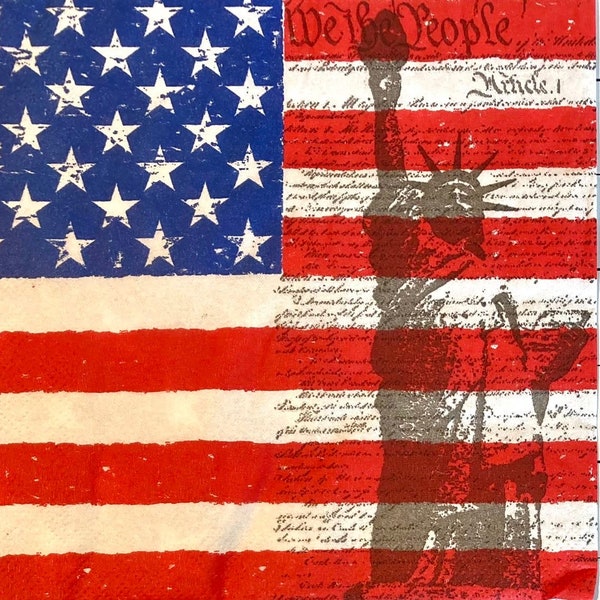 3 serviettes de découpage, drapeau américain 4 juillet Statue de la liberté, 13 "x 13" déplié