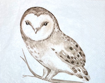 3 Decoupage Napkins, Fasana Watercolor Barn Owl, 13" x 13" Unfolded