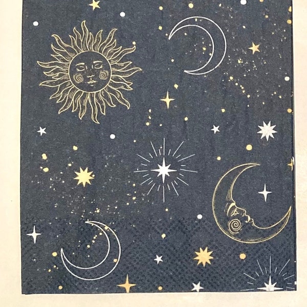 3 Decoupage Hostess Napkins, Dark Blue Celestial Moon Sun Stars, 16"x 13" unfolded