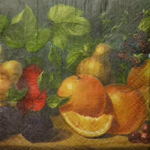 3 servilletas de bebida Decoupage, pintura holandesa Bodegón de frutas 10 "x 10" desplegadas