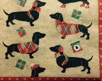 3 Decoupage Holiday Napkins, Winter Dachshunds Dogs, 13" x 13" unfolded