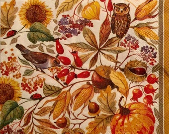 3 Decoupage Beverage Napkins, Autumn Beauty 10" x 10" Unfolded