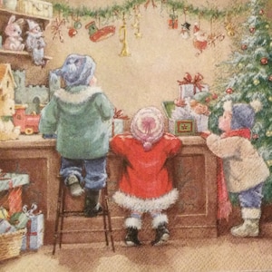 3 Decoupage Christmas Napkins, Holiday Children Toy Store 13&quot; x 13&quot; Unfolded