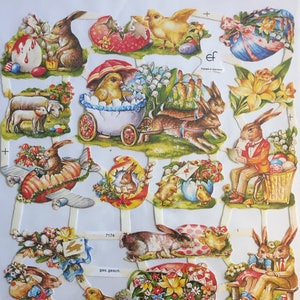 19 Vintage Ostern Hasen Küken Kinder Glanzbilder (1 Blatt) #7174 Geprägte Die Cuts - Ernst Freihoff GmbH Made in Germany