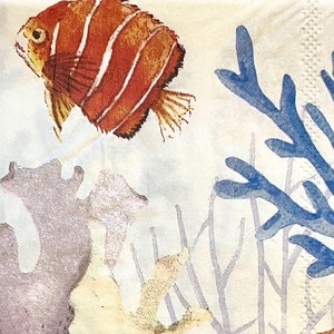 3 servilletas para decoupage de bebidas, acuarela, peces submarinos de color azul coral y naranja, 10" x 10" sin doblar