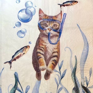 3 Servietten für Serviettentechnik in Serviettentechnik, getigerte Katze unter Wasser, Algenfisch, 40 x 33 cm ungefaltet