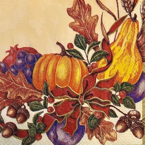 3 tovaglioli per bevande decoupage, bellissime ghiande di zucca autunnali patrimonio dorato, 25,4 x 25,4 cm aperto
