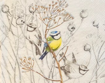 3 Decoupage Napkins, Little Winter Birds Drawing, 13" x 13" unfolded