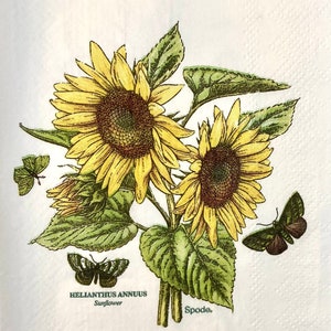 3 Decoupage Hostess Napkins, Spode Sunflower Butterflies Botanical Garden, 16&quot; x 13&quot; Unfolded