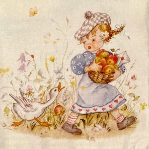 3 serviettes de découpage vintage, Fille aux pommes Bord festonné, 14 » x 14 » Déplié