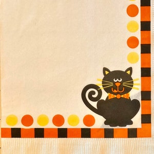 3 Vintage Luncheon Decoupage Napkins - Happy Halloween Black Cat Bats, 13&quot; x 13&quot; Unfolded