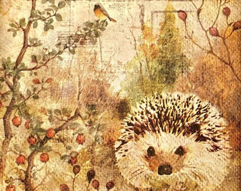 3 Decoupage Beverage Napkins - Autumn Hedgehog 10"x10" Unfolded