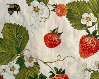 3 Decoupage Napkins, Strawberry Field Bees, 13" x 13" Unfolded