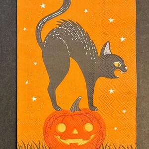 デコパージュ ホステス ナプキン 3 枚、ハロウィン 怖がり猫、展開時 16 インチ x 13 インチ