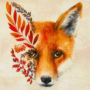 3 serviettes de découpage, feuilles d’automne Portrait de renard roux, 13 » x 13 » déplié