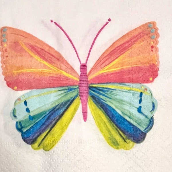 3 Decoupage Beverage Napkins, Regenbogen Rainbow Butterfly, 10" x 10" Unfolded