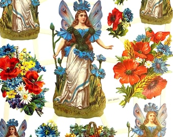 SCRAP RELIEFS Blue Floral Angel Fairy  (1 sheet) #7402 Embossed Die Cuts - Made in Germany