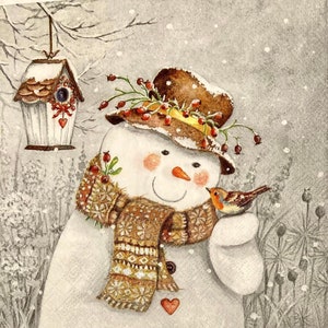 3 serviettes de table à servir, bonhomme de neige avec rouge-gorge 33 x 33 cm déplié