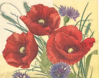 May include: A bouquet of red poppies and purple cornflowers with green stems and leaves on a yellow background.