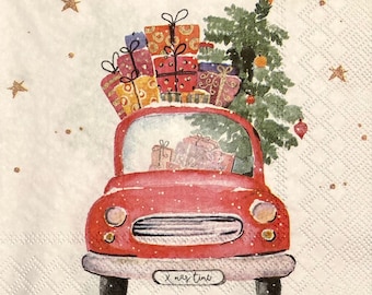 3 Decoupage Servietten, Weihnachtsgeschenke Red Truck 13" x 13" aufgeklappt