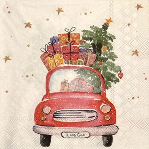 3 serwetki do decoupage'u, prezenty świąteczne czerwona ciężarówka 13" x 13" rozłożone