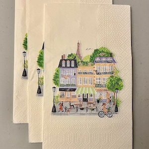 3 Decoupage Hostess Napkins, French Neighborhood Houses Shops Eiffel Tower Paris, 13" x 16" unfolded