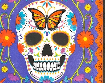 3 Decoupage Napkins - Día De Los Muertos Day of the Dead Purple Calavera Butterfly Sugar Skull, 13" x 13" Unfolded