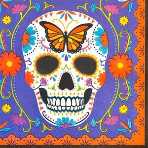 3 Decoupage-Servietten - Dia De Los Muertos Tag der Toten Lila Calavera Schmetterling Zuckerschädel, 33 cm x 33 cm ungefaltet
