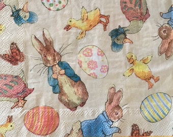 3 Guardanapos Decoupage, Páscoa Beatrix Potter Peter Rabbit Jemima Puddleduck 33 cm x 33 cm (Desdobrados)