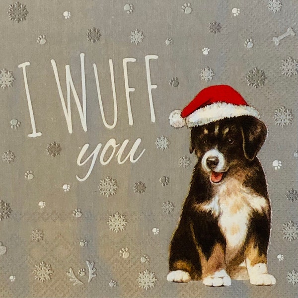 3 serviettes de découpage, Noël Bouvier bernois Puppy I Wuff You, 13 » x 13 » déplié