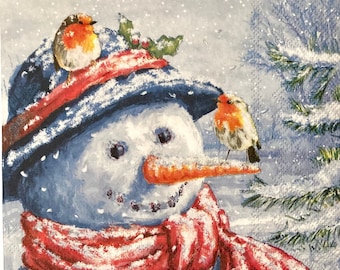 3 Decoupage Napkins, Snowman Keeping Company With Robins 13" x 13" Unfolded