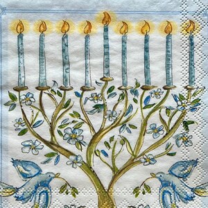 3 serviettes de table pour servir de découpage, colombes menorah de Hanoucca, 10 x 10 po. dépliée