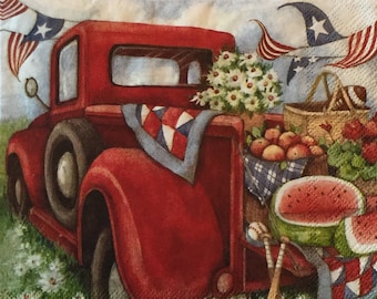 3 Decoupage Beverage Napkins - Red Pickup Truck Fourth of July USA Independence Day Summer Picnic 10" x 10" Unfolded