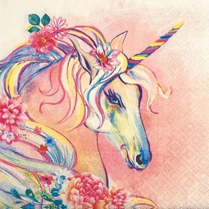 May include: A watercolor painting of a unicorn with a rainbow mane and tail. The unicorn has a pink flower crown and a silver horn. The background is a soft pink.