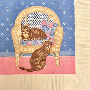 3 Vintage Decoupage Getränkeservietten, Allora Cozy Tabby Cats Friends Korbstuhl, 10 "x 10" entfaltet