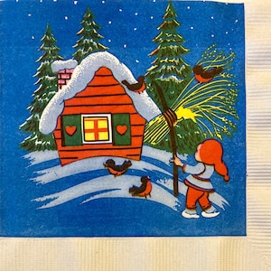 3 zabytkowe serwetki do napojów decoupage szwedzki zimowy domek, 10" x 10" rozłożone