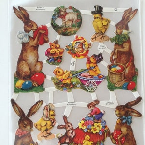 SCRAP RELIEFS Vintage Easter Rabbits Chicks Hats (1 hoja) #7206 Troquelados en relieve - Hecho en Alemania