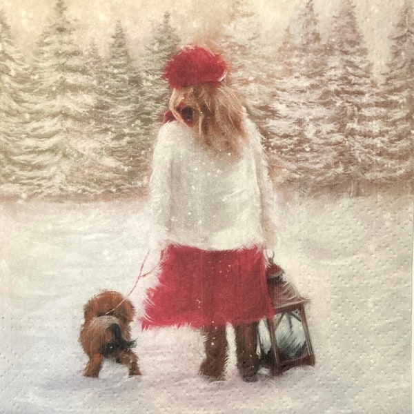 3 Decoupage Luncheon Napkins, Girl With Dog Winter Snow, 13" x 13" Unfolded