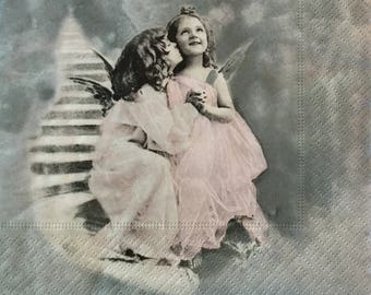 3 servilletas de decoupage, Sagen Vintage Two Angels Stairway to Heaven, 13" x 13" desplegadas