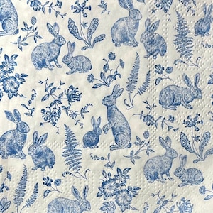 3 Servietten für Decoupage Getränke, Blau Weiß Toile Country Bauernhof Kaninchen, ungefaltet 25cm x 25cm