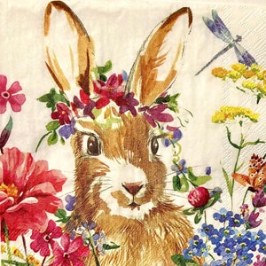 3 Decoupage Getränkeservietten Hase Hase Blumenkrone Garten 10"x 10" Aufgeklappt