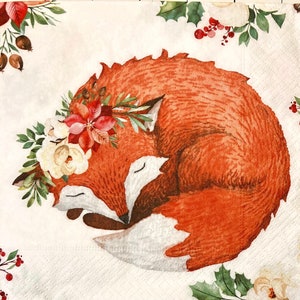 3 serviettes de Noël de découpage, renard floral endormi, 13 » x 13 » dépliées