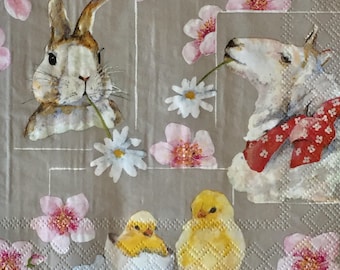 3 Decoupage Napkins, Springtime Friends Easter Rabbit Chicks Lamb, 13"x13"