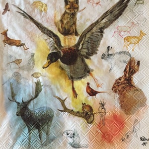 3 serviettes de découpage, la faune animaux forêt canard lapin cerf, 13 "x 13"