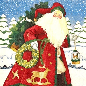 3 świąteczne serwetki do napojów z decoupage'u - Caspari Snowflake Old Fashioned Santa, 10" x 10 rozłożonych