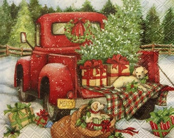 3 Decoupage Beverage Napkins, Christmas Delivery Red Pickup Truck Dogs Susan Winget, 10&quot; x 10&quot; Unfolded