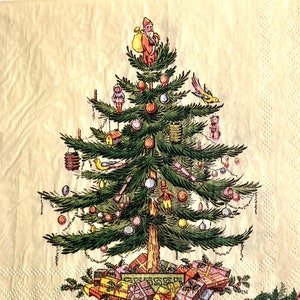 3 Decoupage Weihnachtsservietten, WEIHNACHTSBAUM SPODE Grün Umrandung 13" x 13" Unfolded
