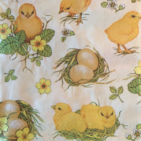 3 Decoupage Napkins - Little Yellow Chicks Eggs, 13" x 13" Unfolded