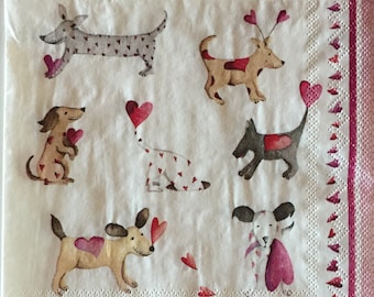 3 Decoupage Beverage Napkins, Love Heart Dogs, 10" x 10" unfolded